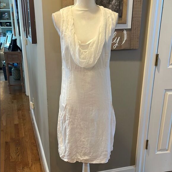 White Drape Neck Linen Dress with pockets - Picture 1 of 8